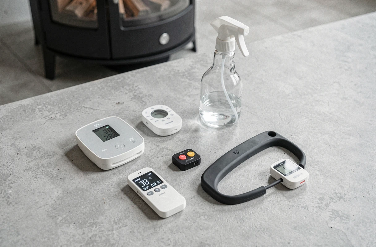 Flat-lay d'accessoires connectés et pratiques pour poêle à pellets incluant thermostat Wi-Fi et humidimètre à granulés