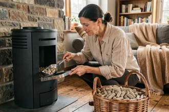 Femme remplissant le bac d'un poêle à pellets avec une pelle métallique et un panier de stockage en osier à proximité