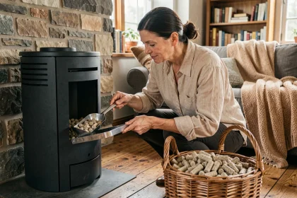Femme remplissant le bac d'un poêle à pellets avec une pelle métallique et un panier de stockage en osier à proximité