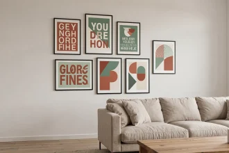 Mur blanc décoré d'affiches graphiques encadrées dans un salon moderne aux tons chauds