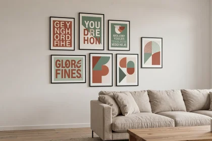 Mur blanc décoré d'affiches graphiques encadrées dans un salon moderne aux tons chauds