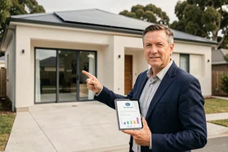 Agent immobilier tenant un certificat de performance énergétique devant une maison moderne avec panneaux solaires et triple vitrage