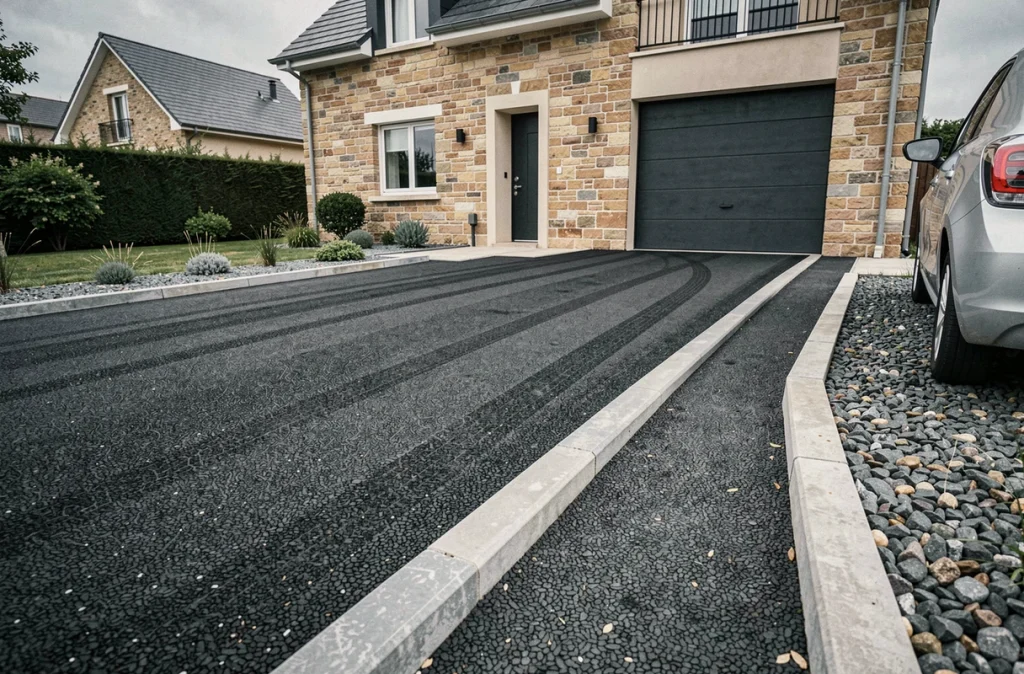 Allée en enrobé drainant terminée devant une maison résidentielle moderne en France