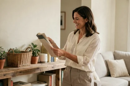 Femme comparant des échantillons de tissu dans un salon cosy réaménagé sans travaux lourds