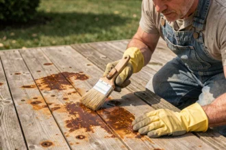 Homme appliquant de l'acide oxalique sur des taches de rouille et de tanin sur un plancher en bois extérieur