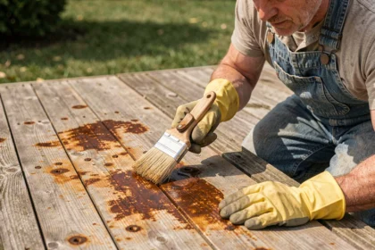 Homme appliquant de l'acide oxalique sur des taches de rouille et de tanin sur un plancher en bois extérieur