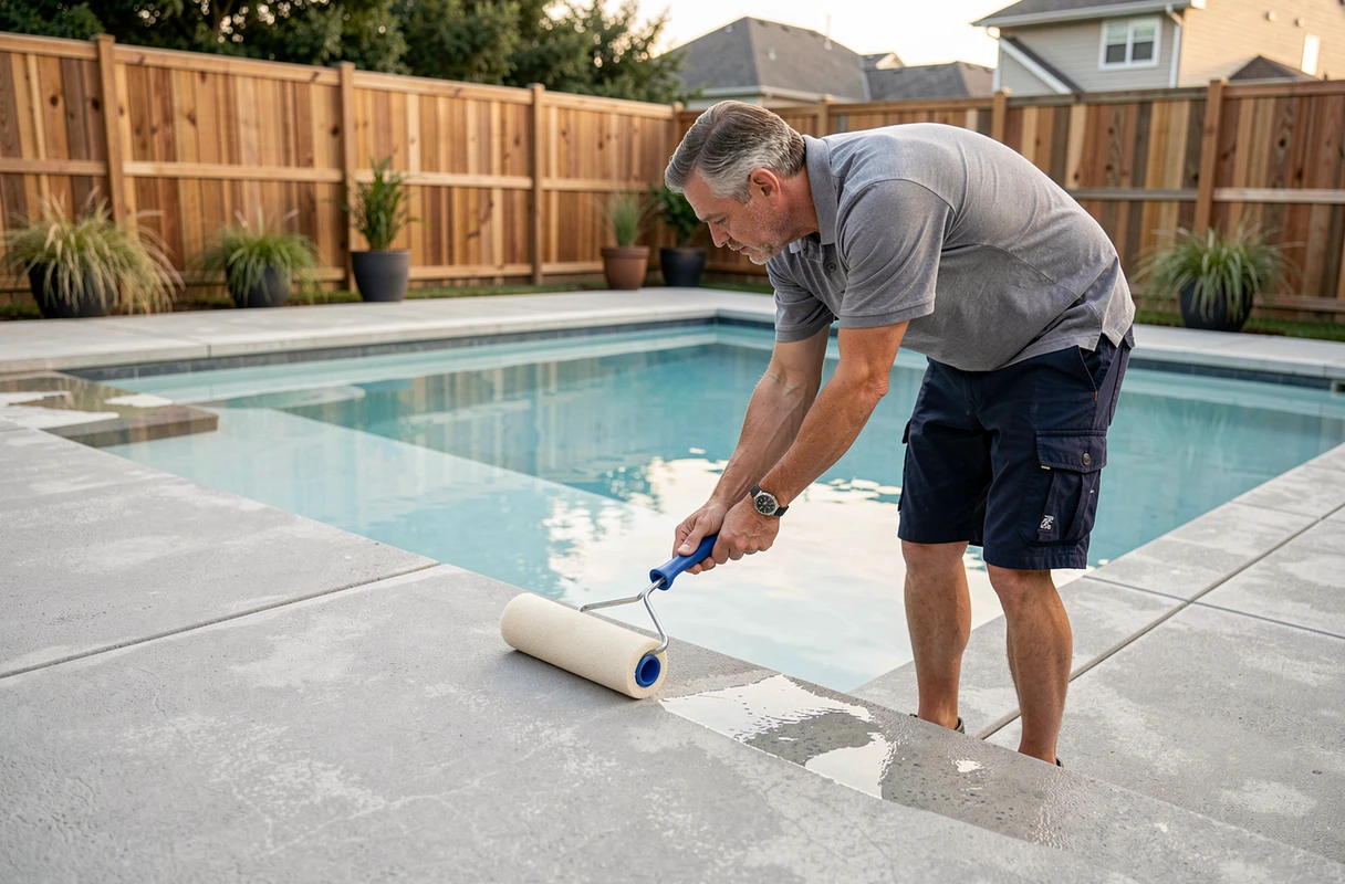 Homme appliquant un produit imperméabilisant sur les abords en béton brossé d'une piscine contemporaine