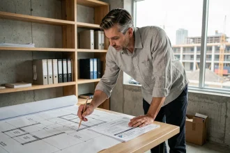 Architecte étudiant des plans de construction conformes à la réglementation thermique RE2020 dans un bureau moderne