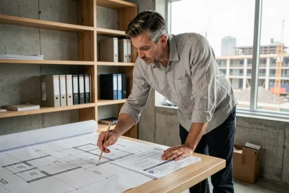 Architecte étudiant des plans de construction conformes à la réglementation thermique RE2020 dans un bureau moderne
