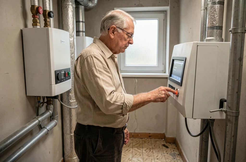 Homme senior configurant l'arrêt définitif d'un système de chauffage à pellets via le panneau de commande numérique