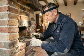 Artisan inspectant un conduit de cheminée en brique dans une maison de campagne française lors d'une rénovation