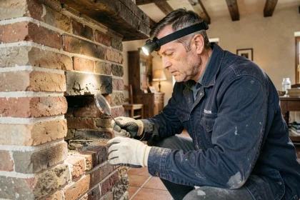 Artisan inspectant un conduit de cheminée en brique dans une maison de campagne française lors d'une rénovation