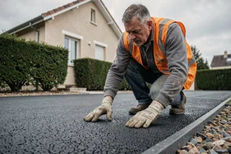 Artisan inspectant un enrobé drainant posé sur une allée résidentielle en France