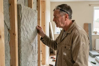 Artisan inspectant l'isolation thermique d'une maison en cours de rénovation énergétique