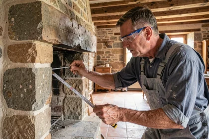 Artisan mesurant l'intérieur d'une cheminée en pierre avant rénovation pour l'adapter à un insert à granulés