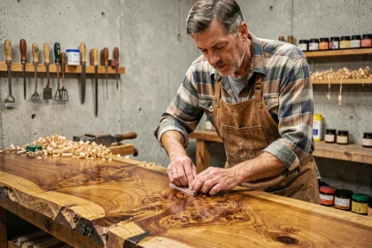 Artisan menuisier ponçant un panneau en bois de teck exotique dans son atelier, mettant en valeur la richesse du grain et des teintes chaleureuses du bois.