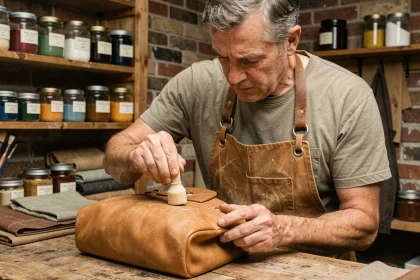 Artisan appliquant une teinture correctrice sur un sac en cuir avec une éponge dans un atelier de maroquinerie