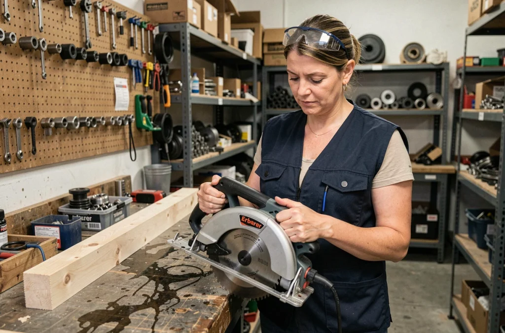 Femme artisane inspectant une scie circulaire Erbauer dans un atelier professionnel, expression analytique et réfléchie
