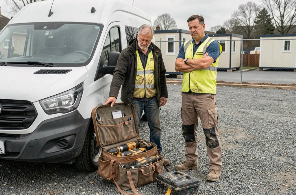 Deux artisans discutant de la qualité des outils Erbauer devant un van de chantier, l'un sceptique et les bras croisés