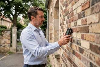 Auditeur énergétique inspectant la façade d'une maison avec un appareil de mesure lors d'un diagnostic avant achat immobilier