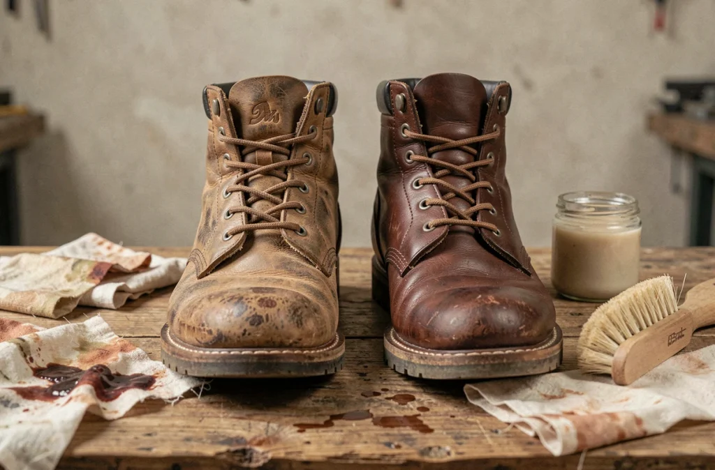 Comparaison avant-après de deux bottines en cuir, l'une décolorée et l'autre re-teinte uniformément sur une table d'atelier