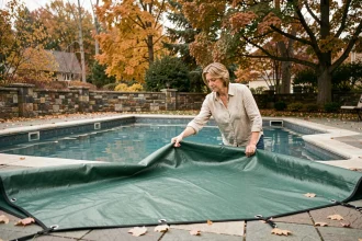 Femme installant une bâche de protection verte sur une piscine rectangulaire dans un jardin en automne