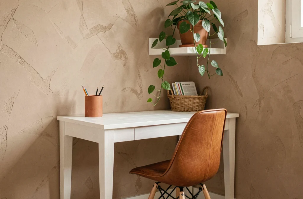 Bureau à domicile cosy avec mur en badigeon terracotta, chaise en cuir cognac et accessoires de bureau en céramique argile