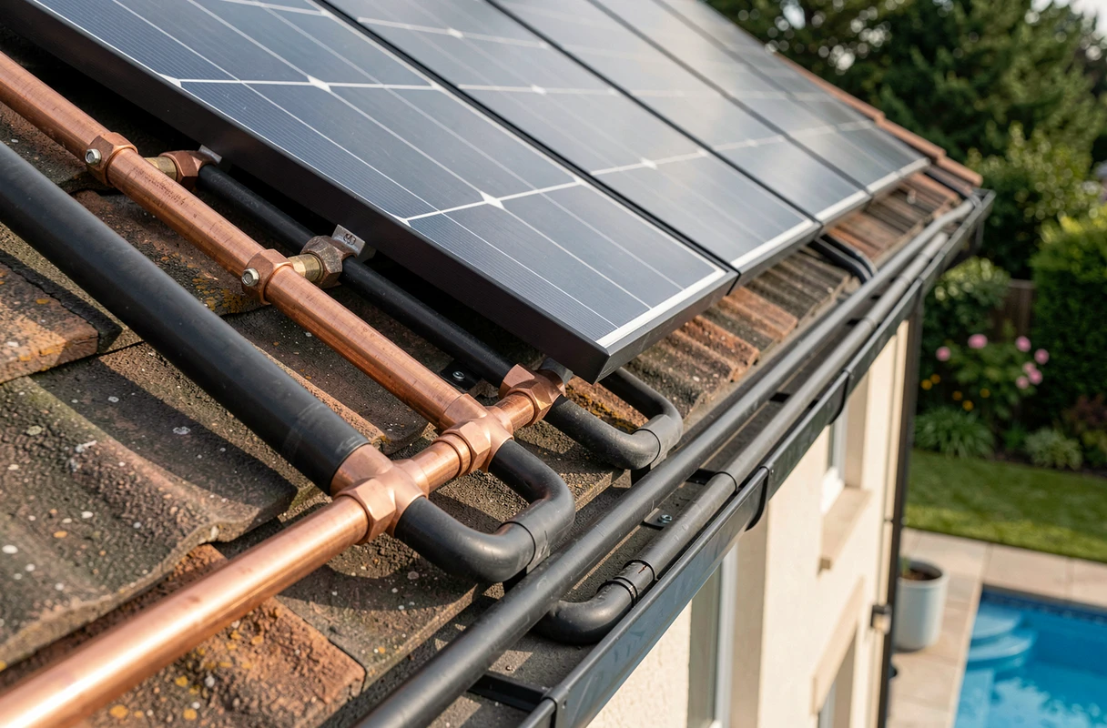 Capteurs solaires thermiques installés sur un toit pour chauffer une piscine de façon économique