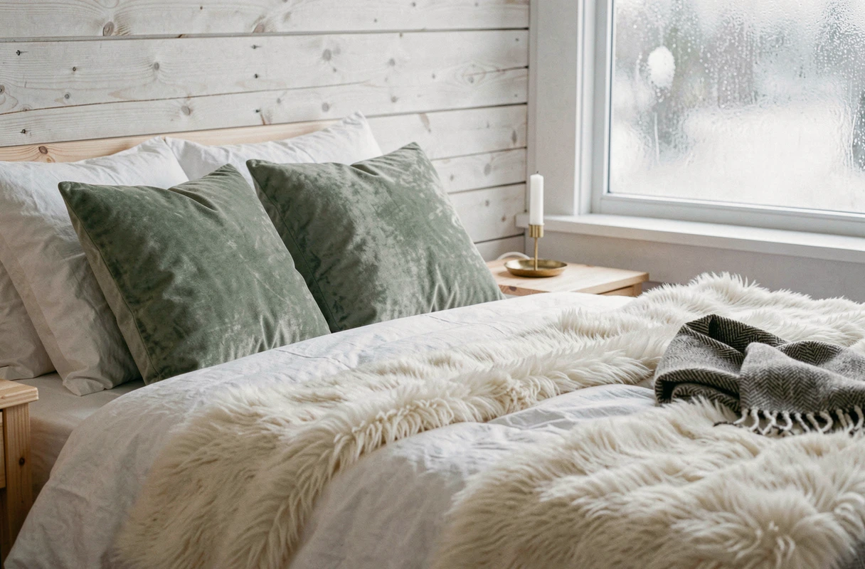 Chambre à coucher aux tons hivernaux avec une couverture en fausse fourrure ivoire, des coussins en velours sauge et une déco épurée de style scandinave