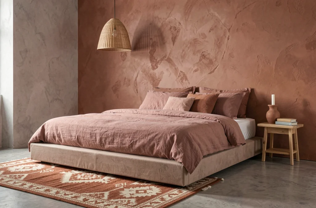 Chambre contemporaine avec mur accent peint en terracotta, literie en lin lavé et suspension en rotin au-dessus d'un lit bas en bois