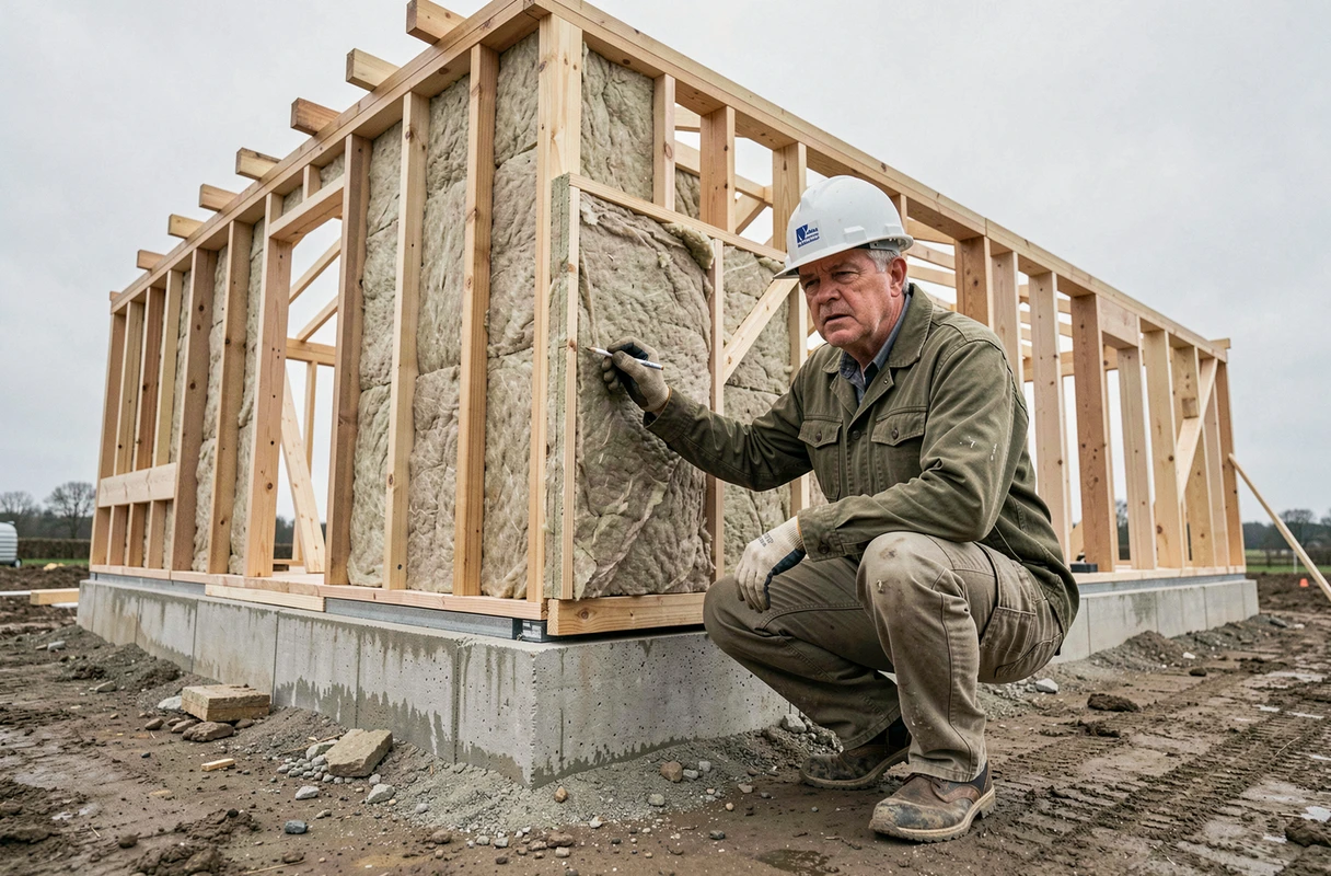Ouvrier sur chantier d'une maison à ossature bois avec isolation haute performance en cours de pose
