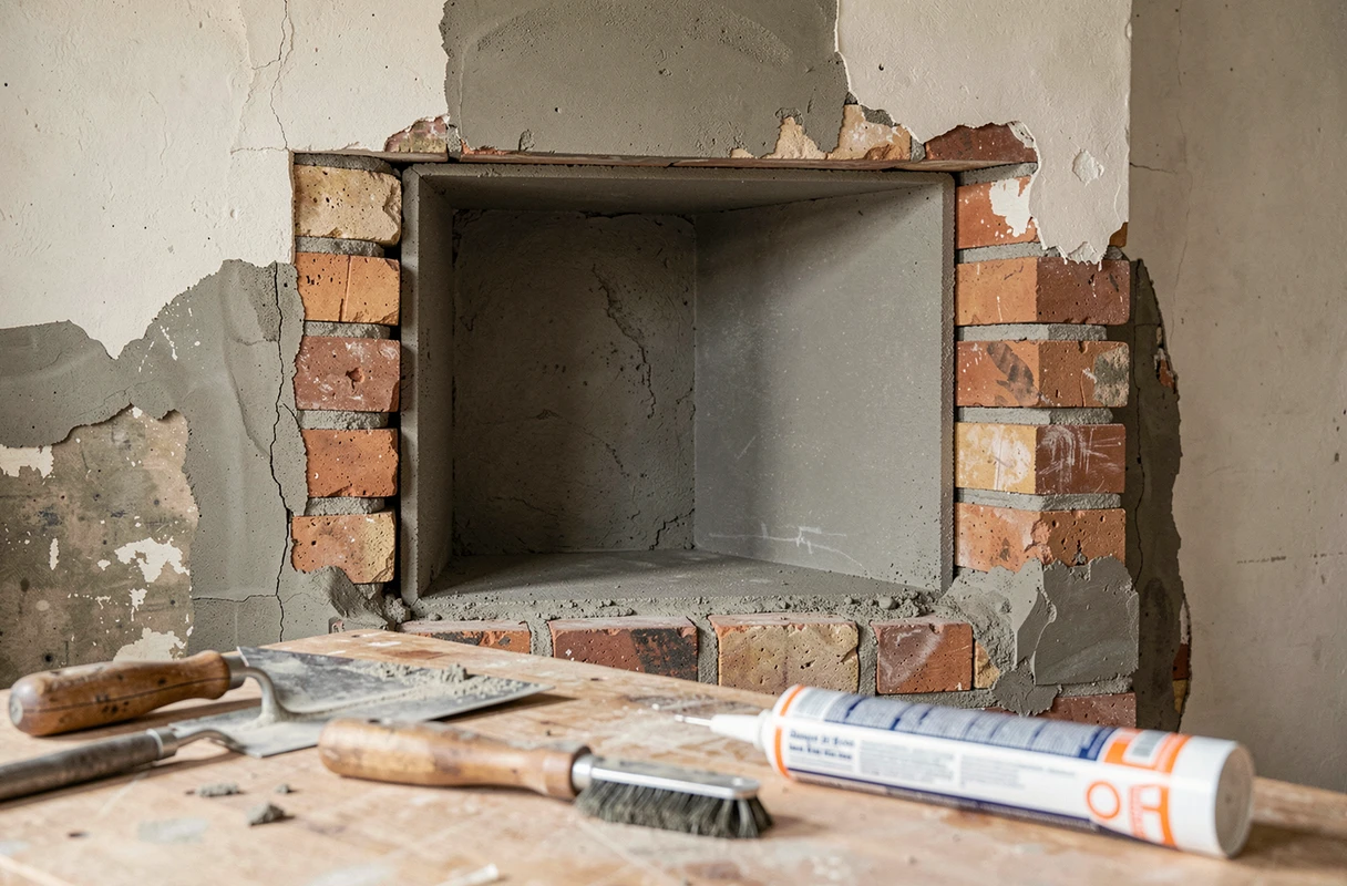 Gros plan sur un conduit de cheminée chemisé en béton réfractaire lors d'une rénovation intérieure