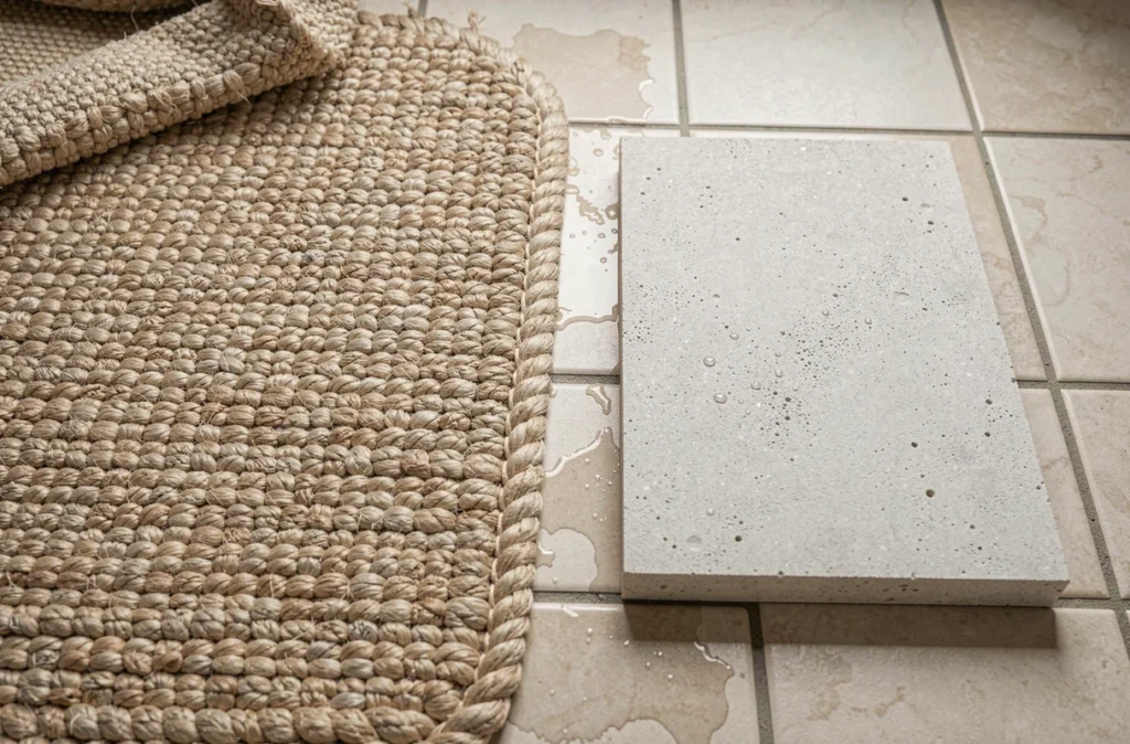 Comparaison entre un tapis de bain en tissu épais et un tapis en diatomite plat dans une petite salle de bain