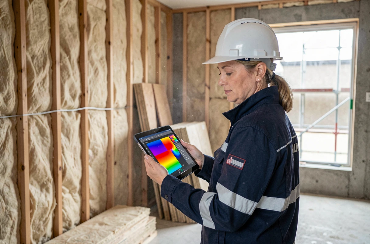 Consultante en performance énergétique réalisant un audit thermique sur un chantier d'appartements neufs