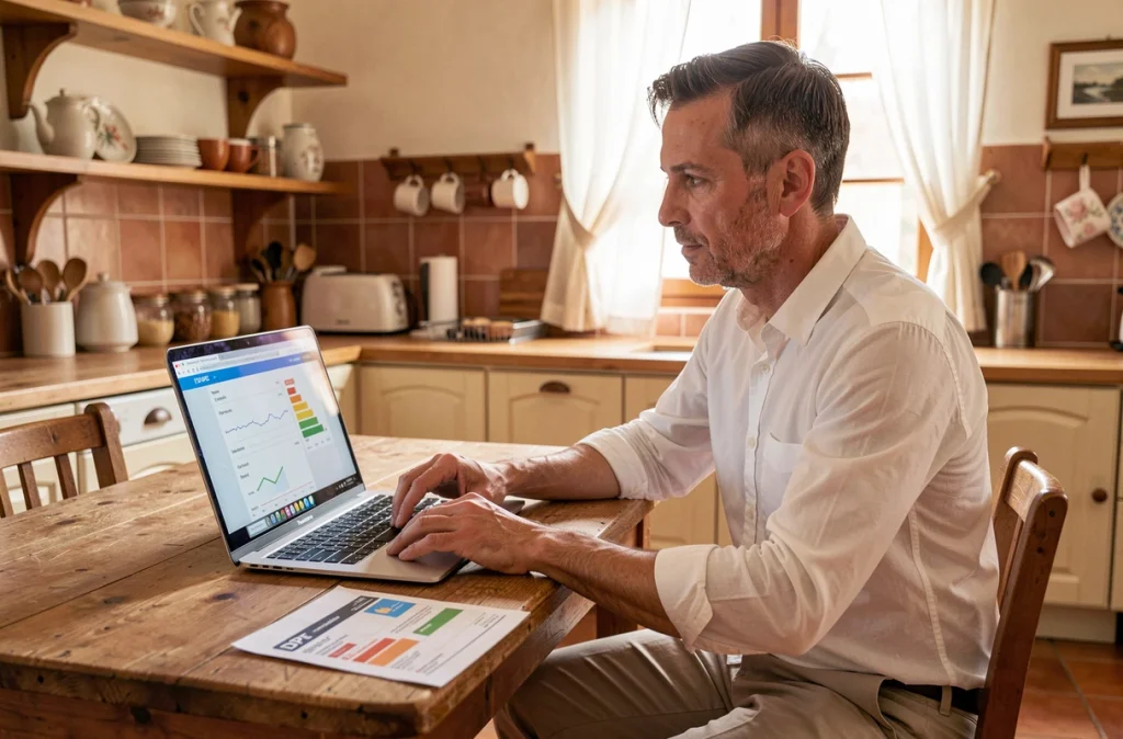 Homme consultant un diagnostic de performance énergétique DPE sur un ordinateur portable dans une cuisine