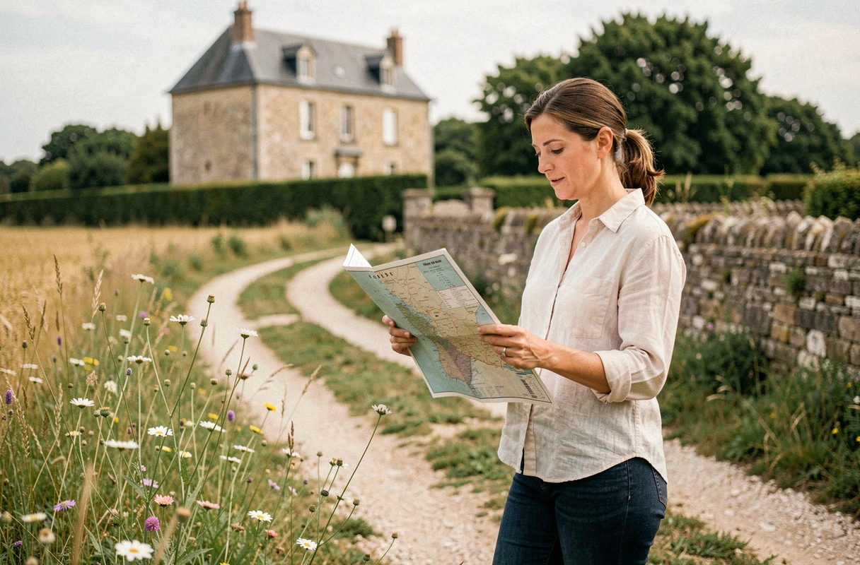 Femme consultant un plan cadastral sur un terrain rural constructible avec paysage bocager et ferme en pierre en arrière-plan