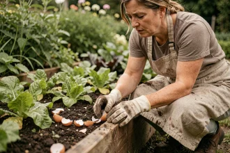 Jardinière déposant des coquilles d'œufs broyées autour de plants de laitue pour protéger le potager des limaces naturellement