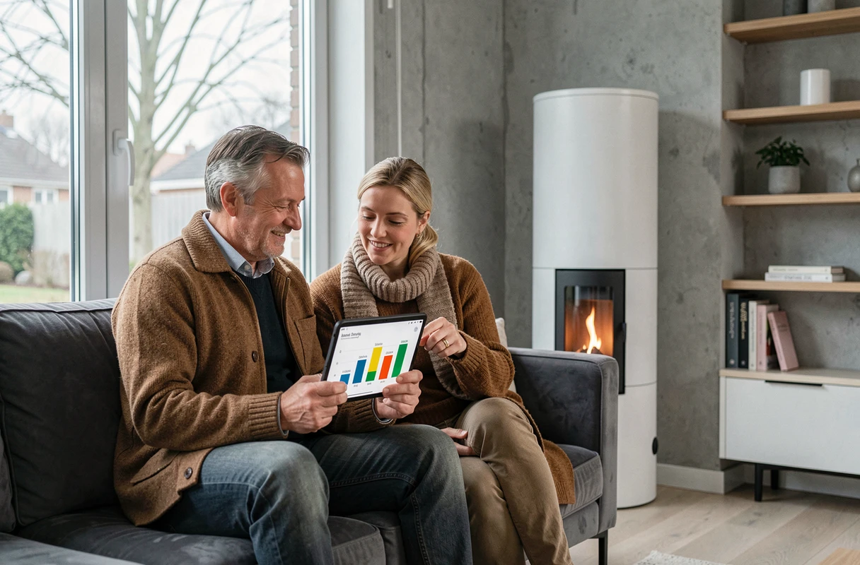 Couple discutant de la puissance d'un poêle à pellets sur tablette dans un salon scandinave contemporain