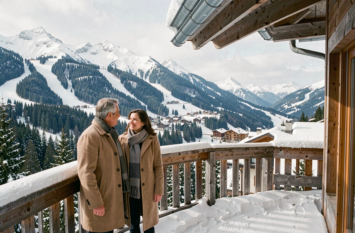 Couple d'investisseurs sur le balcon d'un appartement locatif en montagne avec vue sur les pistes de ski