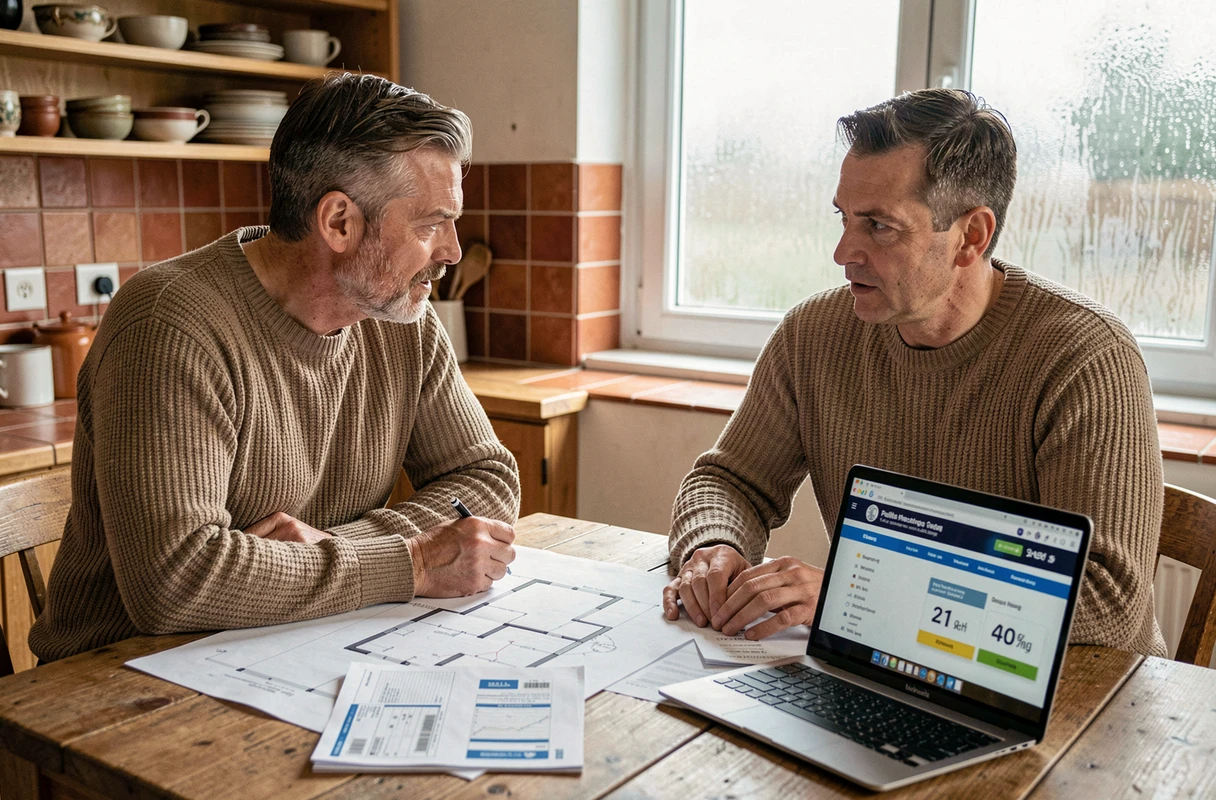 Couple planifiant l'installation d'un chauffage à pellets en analysant les besoins énergétiques de leur maison