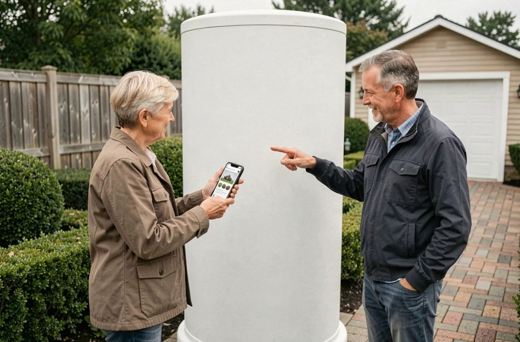 Couple debout près d'un silo à pellets dans un jardin, consultant un smartphone pour contacter leur fournisseur avant un déménagement
