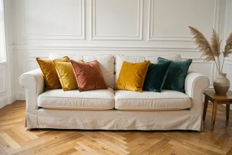 Canapé classique blanc cassé animé par des coussins colorés en jaune moutarde, terracotta et bleu canard dans un salon parisien