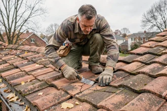 Couvreur professionnel inspectant des tuiles fissurées sur un toit résidentiel avant l'hiver