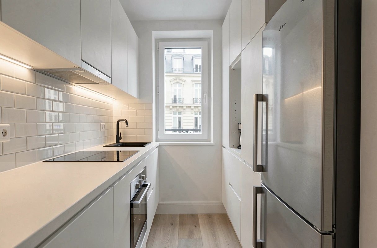 Cuisine d'appartement urbain équipée d'appareils électroménagers économes en énergie et d'un éclairage LED