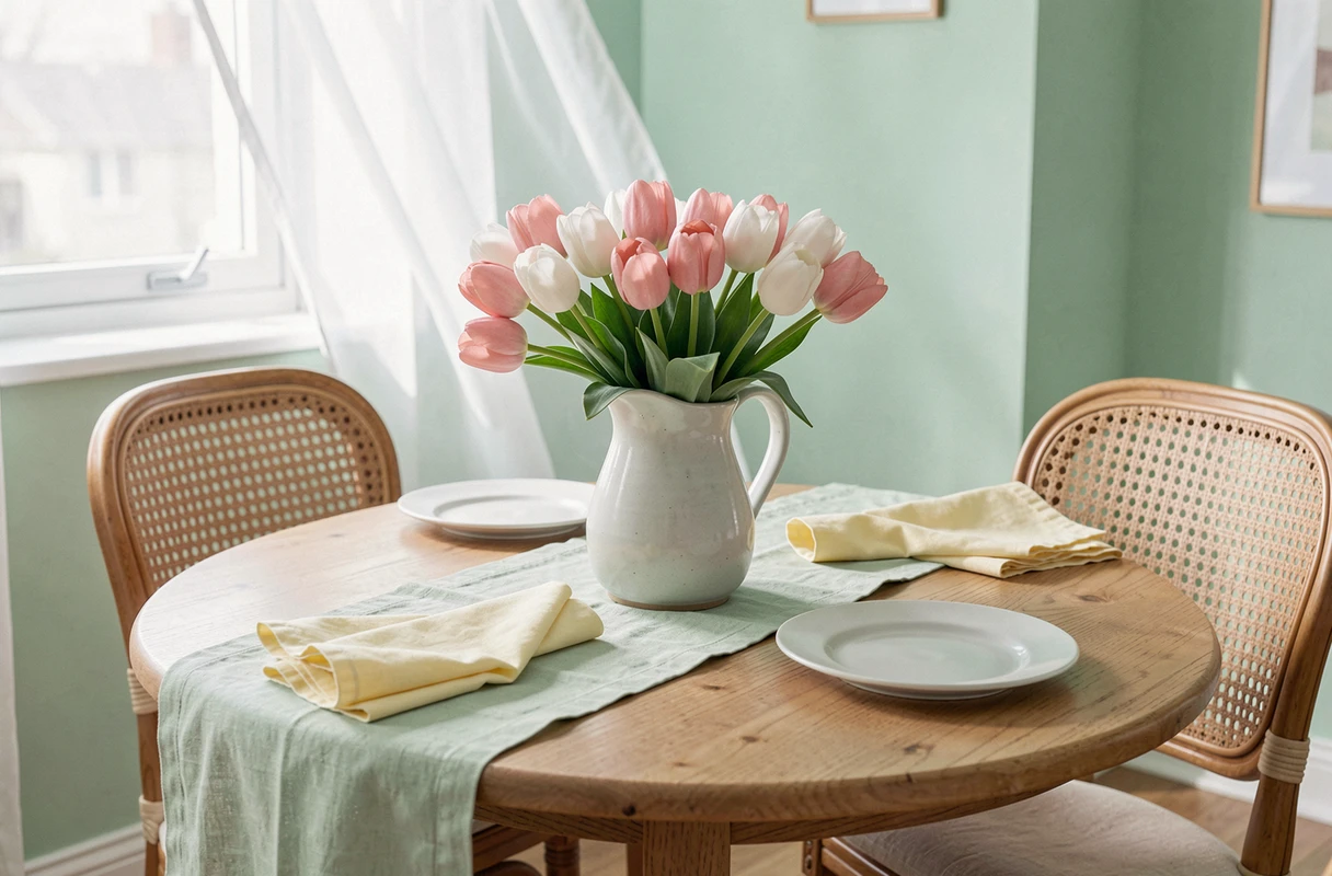 Table à manger décorée pour le printemps avec des tulipes fraîches, un chemin de table en lin sauge et une vaisselle en céramique blanche dans un intérieur lumineux