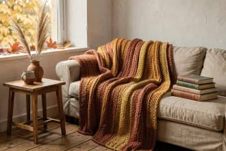 Salon décoré pour l'automne avec un plaid en laine terracotta, des herbes de la pampa séchées et des accessoires en bois pour une ambiance chaleureuse