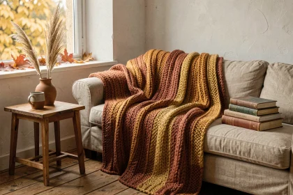Salon décoré pour l'automne avec un plaid en laine terracotta, des herbes de la pampa séchées et des accessoires en bois pour une ambiance chaleureuse