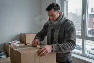 Homme emballant des cartons de déménagement dans un appartement froid en hiver, chauffage coupé