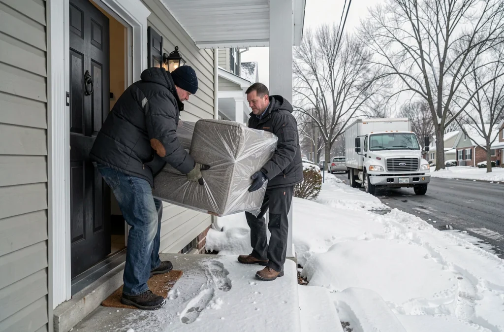 Déménageurs portant un canapé sous la neige lors d'un déménagement hivernal devant une maison