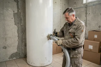 Homme démontant le tuyau d'évacuation d'un silo à granulés en prévision d'un déménagement